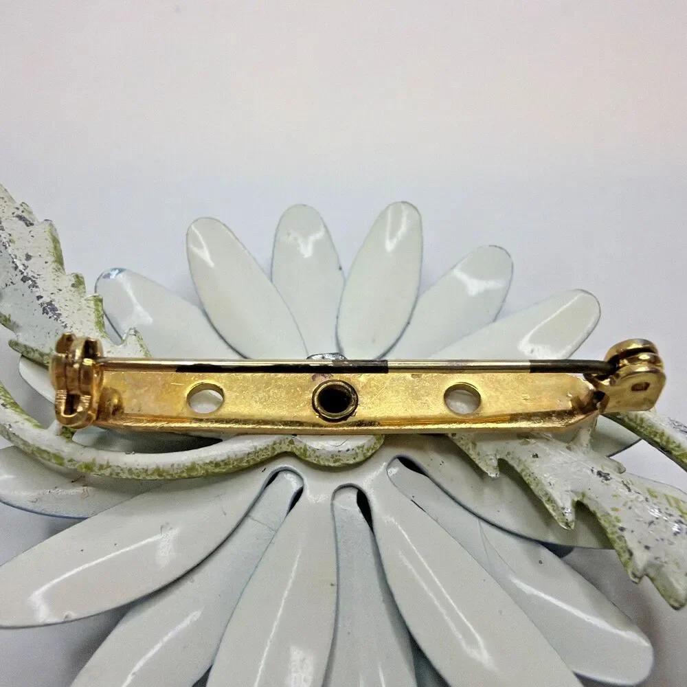 Vintage 1960s Blue Enamel Flower Brooch Rhinestone Mod Flower Power Pin - AS IS